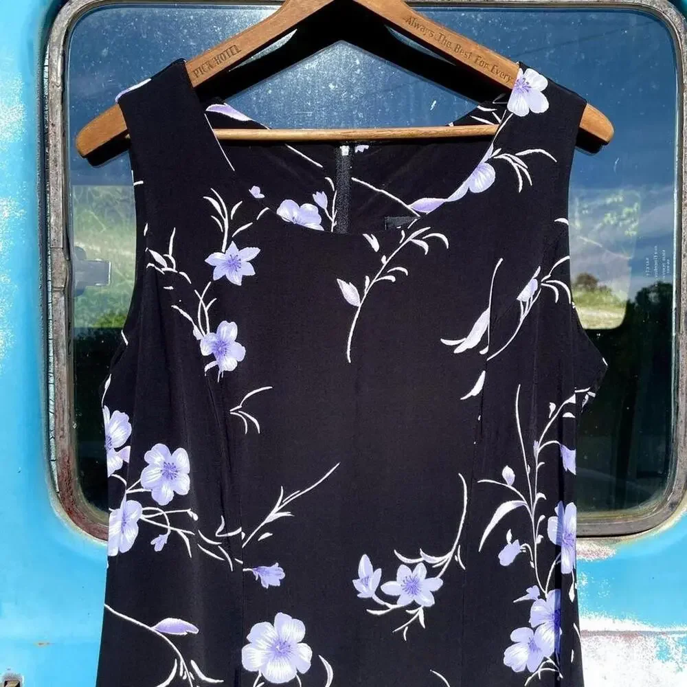 90s cimmaron black 100% rayon sleeveless sheath dress romantic purple flowers